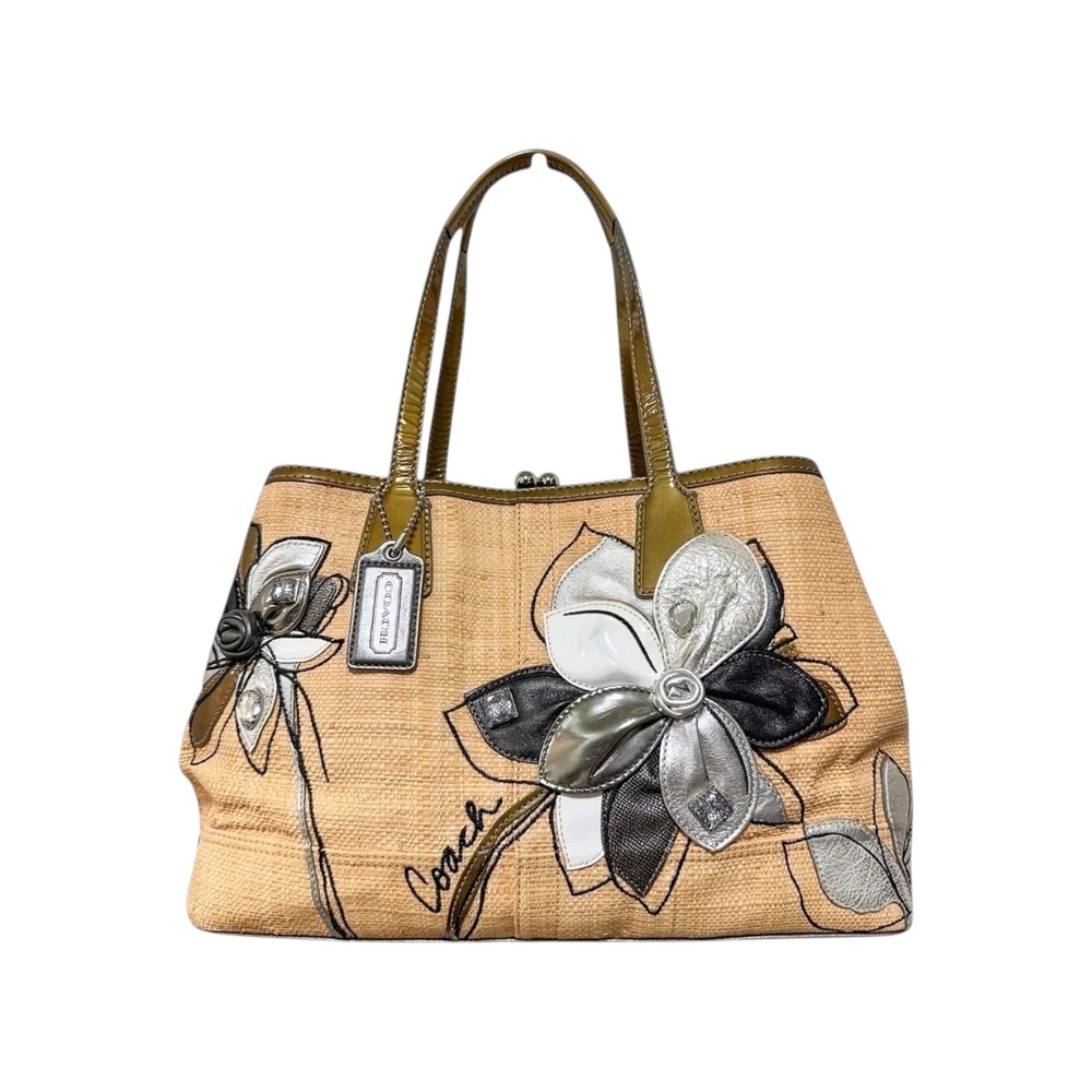Coach Hamptons 10th Anniversary Straw Floral Tote Bag Green Patent Y2K‎ 13531